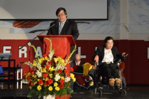 Elizabeth Eriksen and her father Allen prepare to present her scholarships at Franklin Pierce, her alma matter